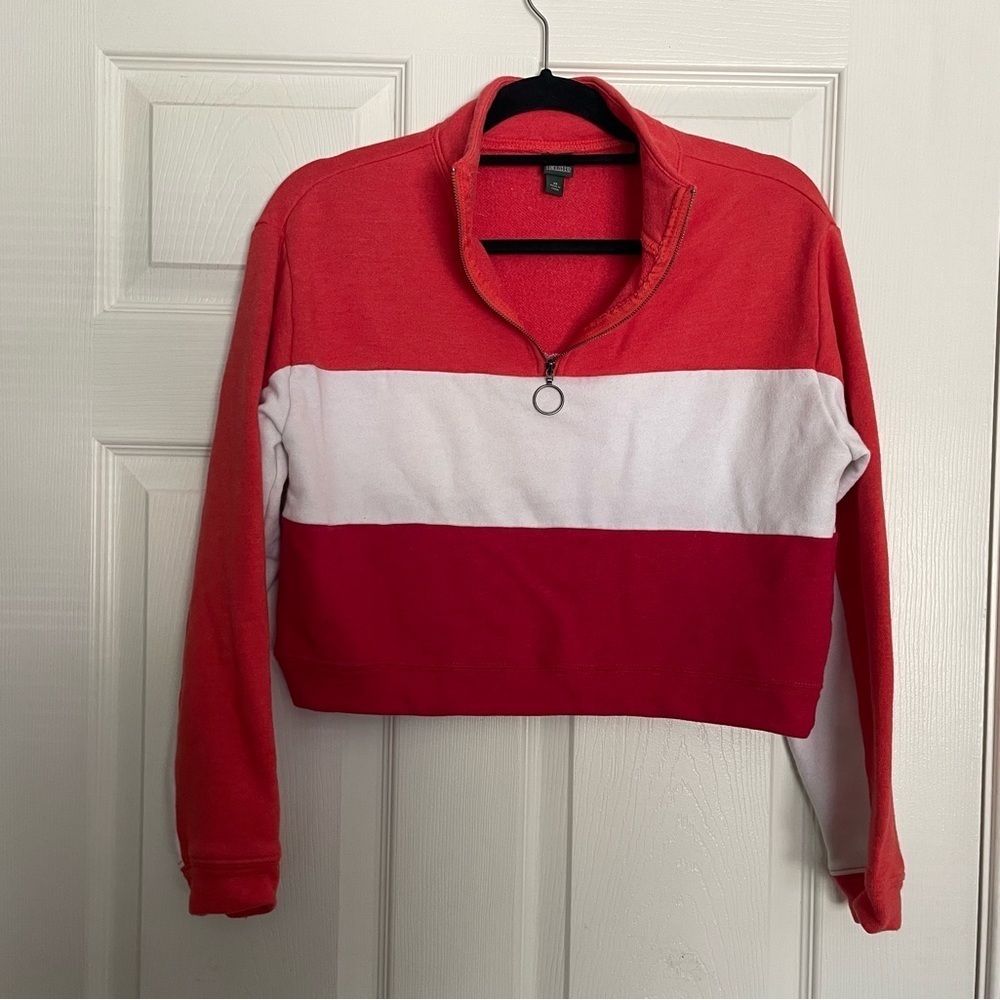 Wild Fable Red and White Color Block Quarter-Zip Sweatshirt cropped - Picture 1 of 4